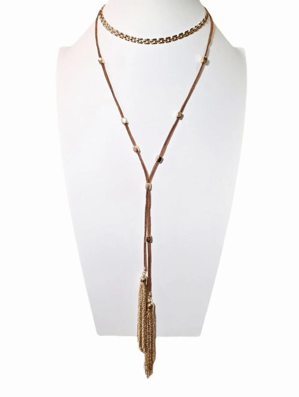 Layered Brown Suede and Gold Tassel Choker Lariat Necklace